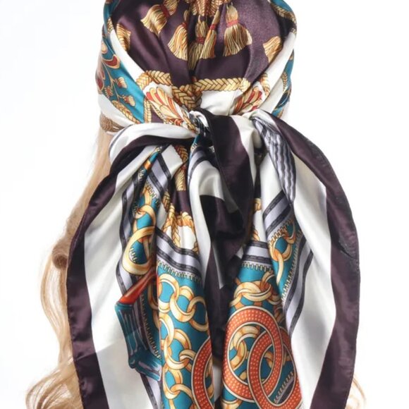 2/$30 Ornate Patterned Green White Scarf Silk Satin Neck Tie Wrap Bag Decor Head - Picture 4 of 5